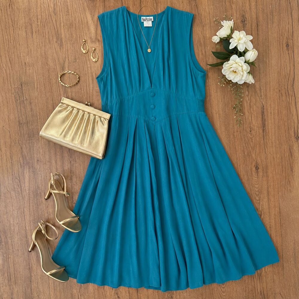 Vintage 90s Nina Piccalino Teal Midi Dress | Wedding Guest Bridesmaid